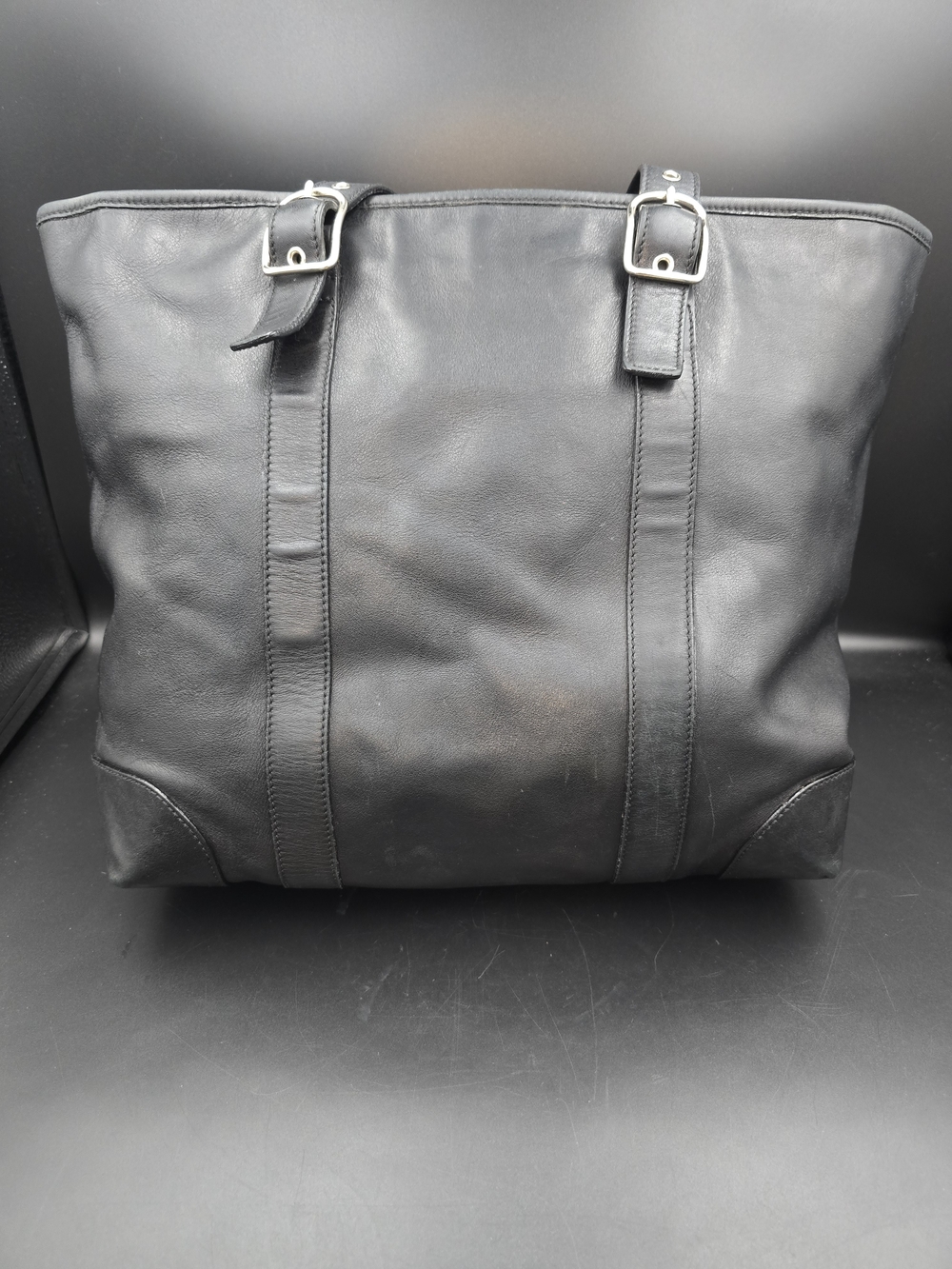 Coach Black Leather Tote with Buckle Straps - Picture 5 of 13